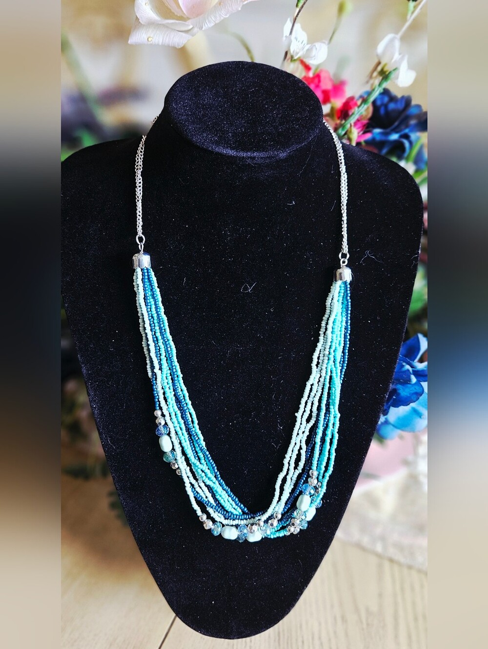 Boho Coastal Blue Layered Multi-Strand Statement Necklace